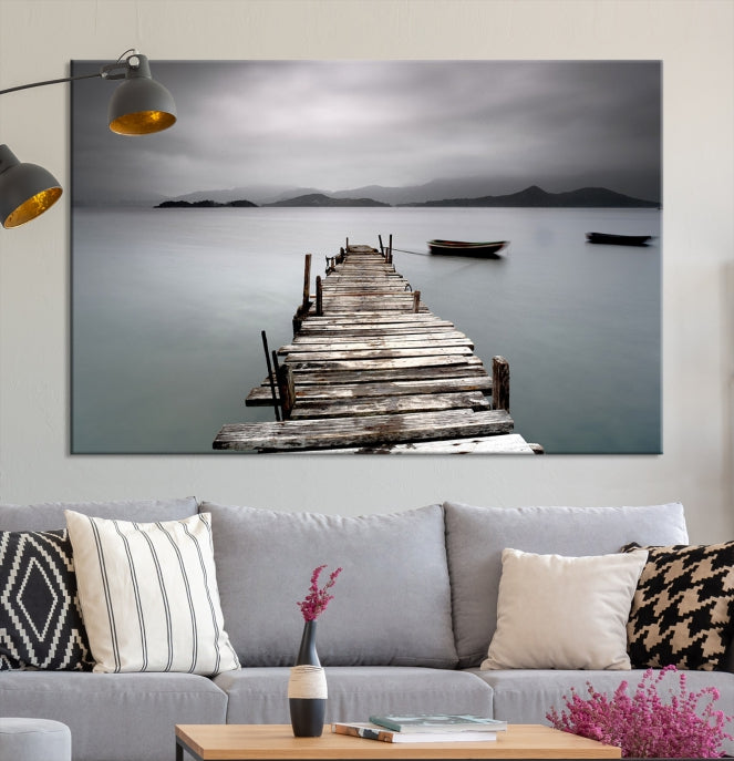 Old Wood Pier and Lake Landscape Large Wall Art Canvas Print