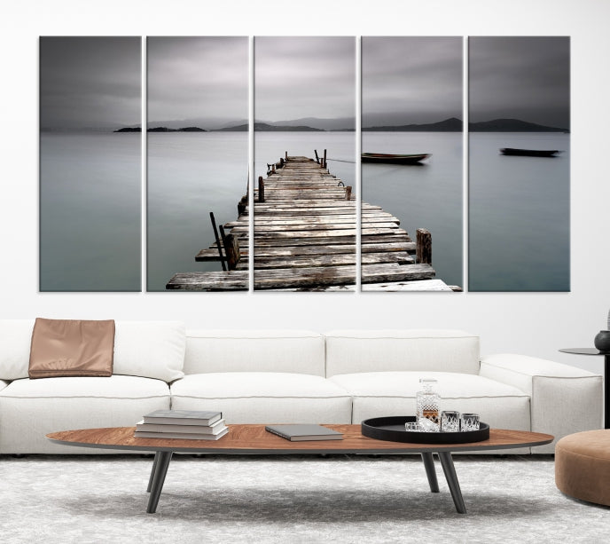 Old Wood Pier and Lake Landscape Large Wall Art Canvas Print