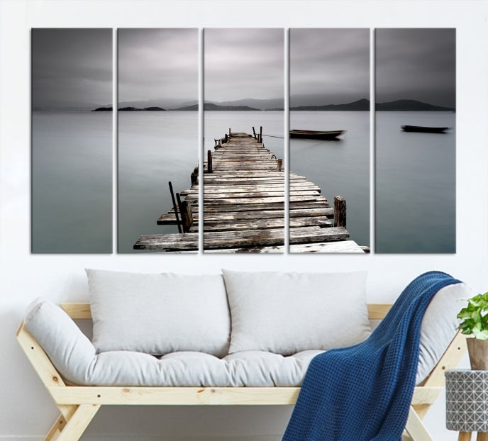 Old Wood Pier and Lake Landscape Large Wall Art Canvas Print