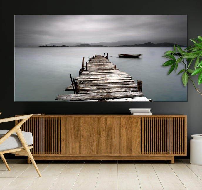 Old Wood Pier and Lake Landscape Large Wall Art Canvas Print