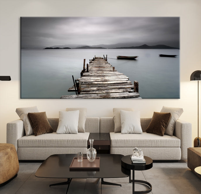 Old Wood Pier and Lake Landscape Large Wall Art Canvas Print