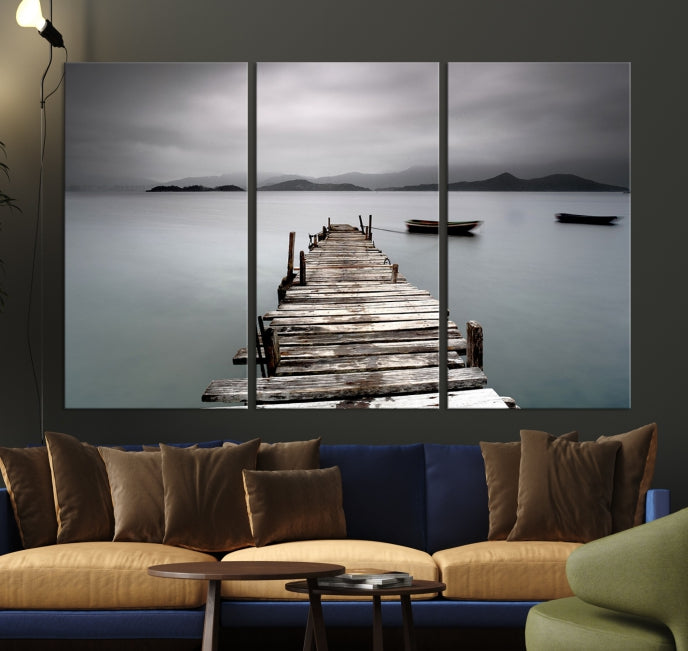 Old Wood Pier and Lake Landscape Large Wall Art Canvas Print