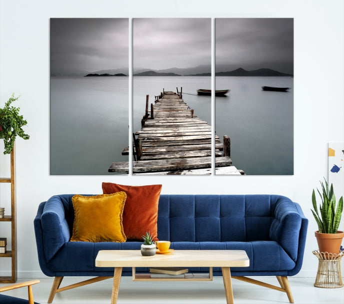 Old Wood Pier and Lake Landscape Large Wall Art Canvas Print