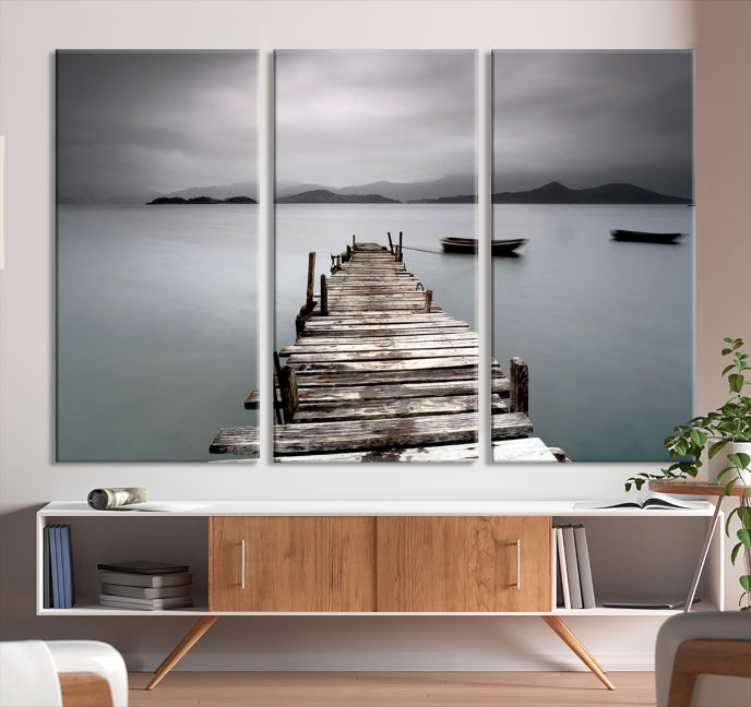 Old Wood Pier and Lake Landscape Large Wall Art Canvas Print