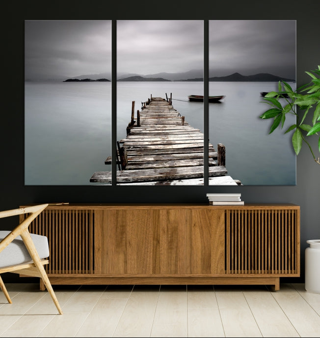 Old Wood Pier and Lake Landscape Large Wall Art Canvas Print