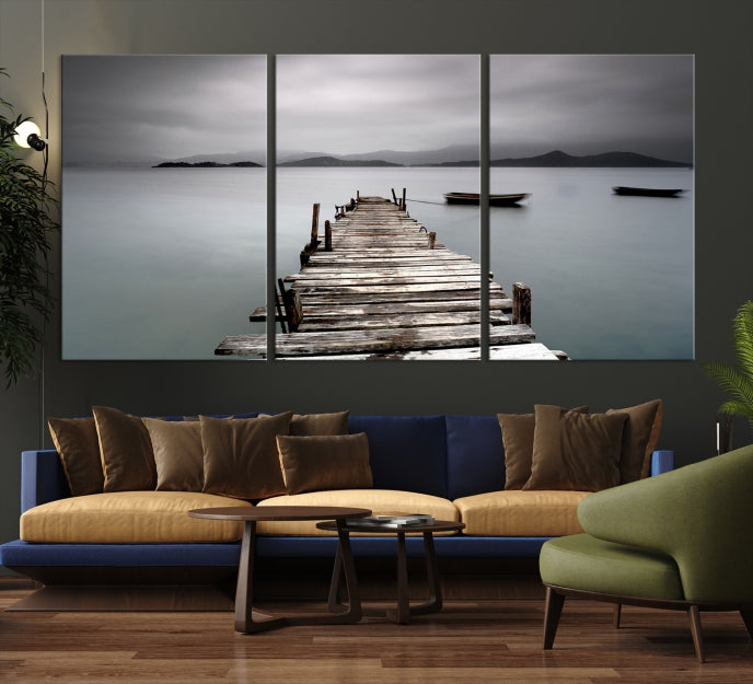 Old Wood Pier and Lake Landscape Large Wall Art Canvas Print