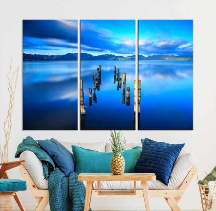 Old Wood Pier and Mountain Lake Extra Large Wall Art Canvas Print