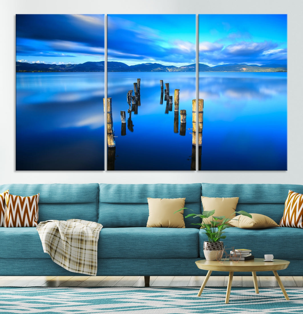 Old Wood Pier and Mountain Lake Extra Large Wall Art Canvas Print