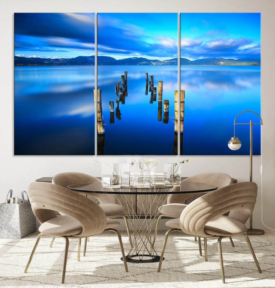 Old Wood Pier and Mountain Lake Extra Large Wall Art Canvas Print