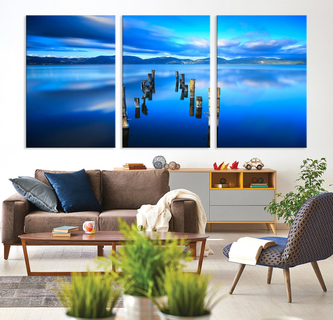 Old Wood Pier and Mountain Lake Extra Large Wall Art Canvas Print