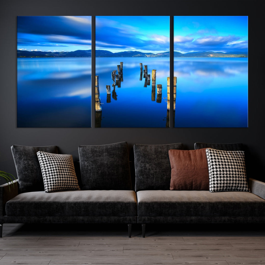 Old Wood Pier and Mountain Lake Extra Large Wall Art Canvas Print