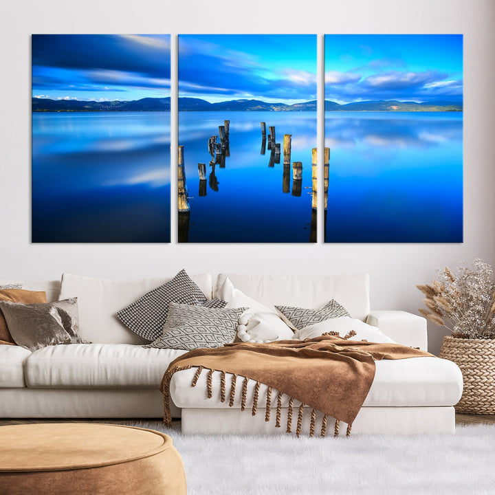 Old Wood Pier and Mountain Lake Extra Large Wall Art Canvas Print