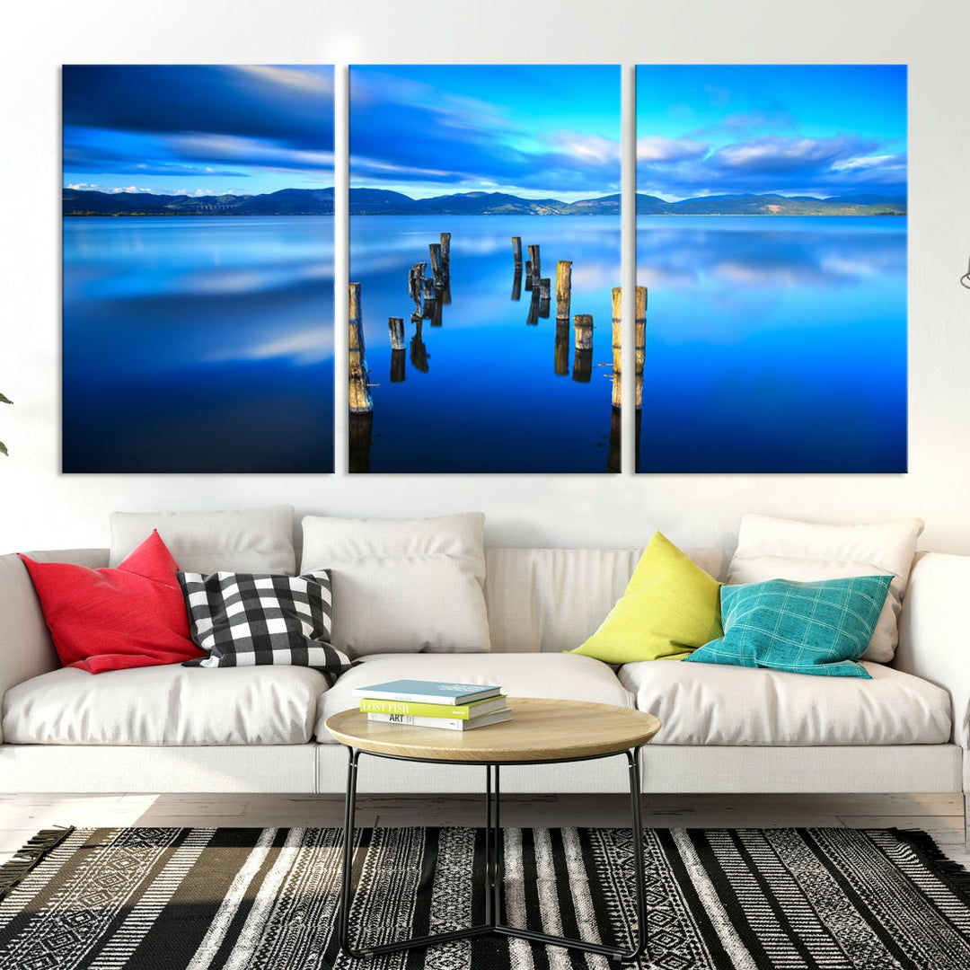 Old Wood Pier and Mountain Lake Extra Large Wall Art Canvas Print