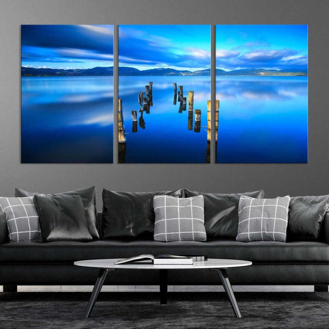 Old Wood Pier and Mountain Lake Extra Large Wall Art Canvas Print