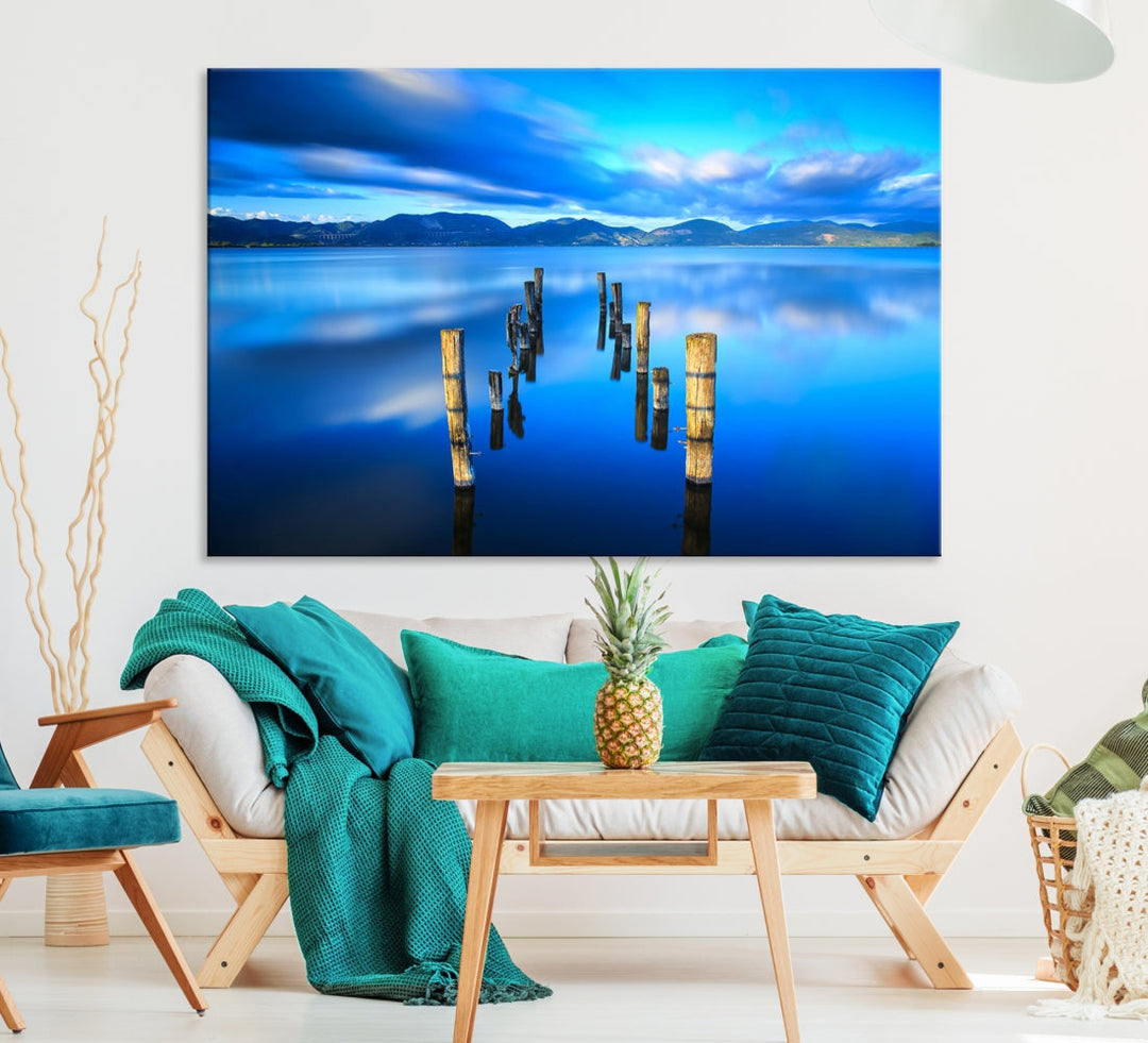 Old Wood Pier and Mountain Lake Extra Large Wall Art Canvas Print