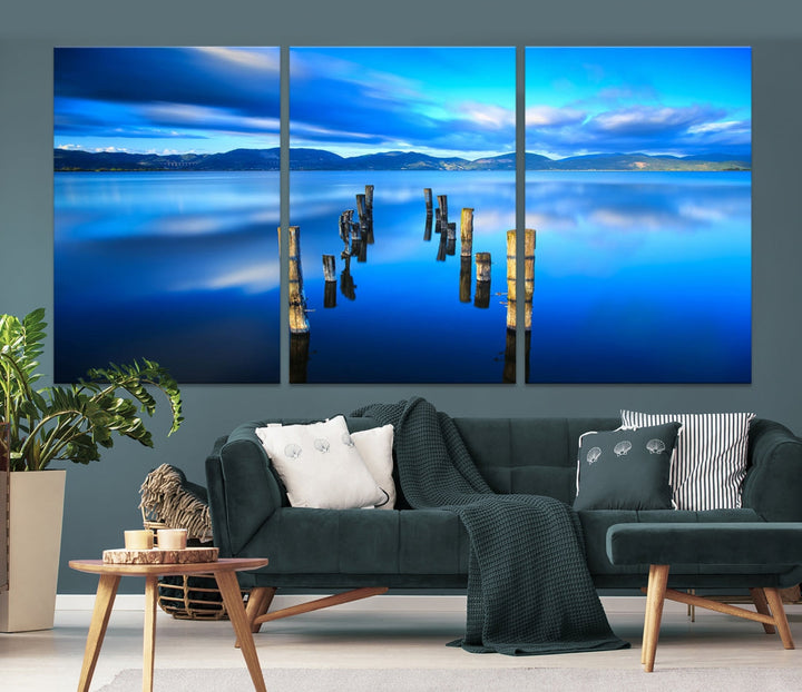 Old Wood Pier and Mountain Lake Extra Large Wall Art Canvas Print