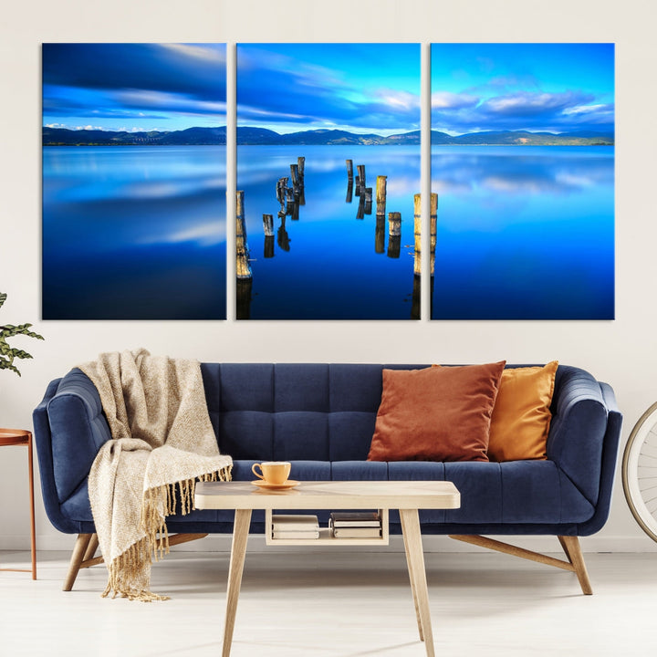 Old Wood Pier and Mountain Lake Extra Large Wall Art Canvas Print