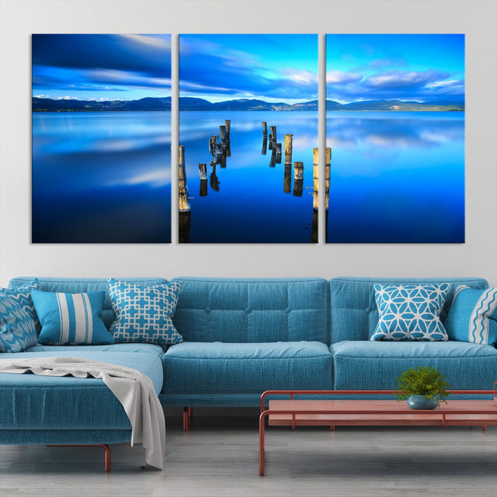 Old Wood Pier and Mountain Lake Extra Large Wall Art Canvas Print