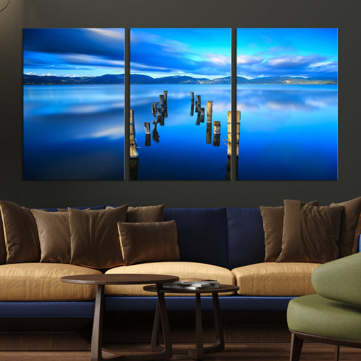 Old Wood Pier and Mountain Lake Extra Large Wall Art Canvas Print