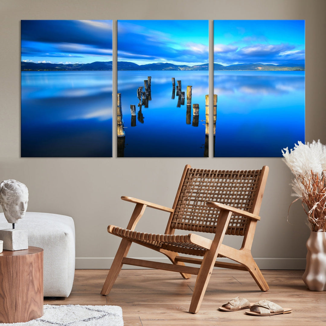 Old Wood Pier and Mountain Lake Extra Large Wall Art Canvas Print