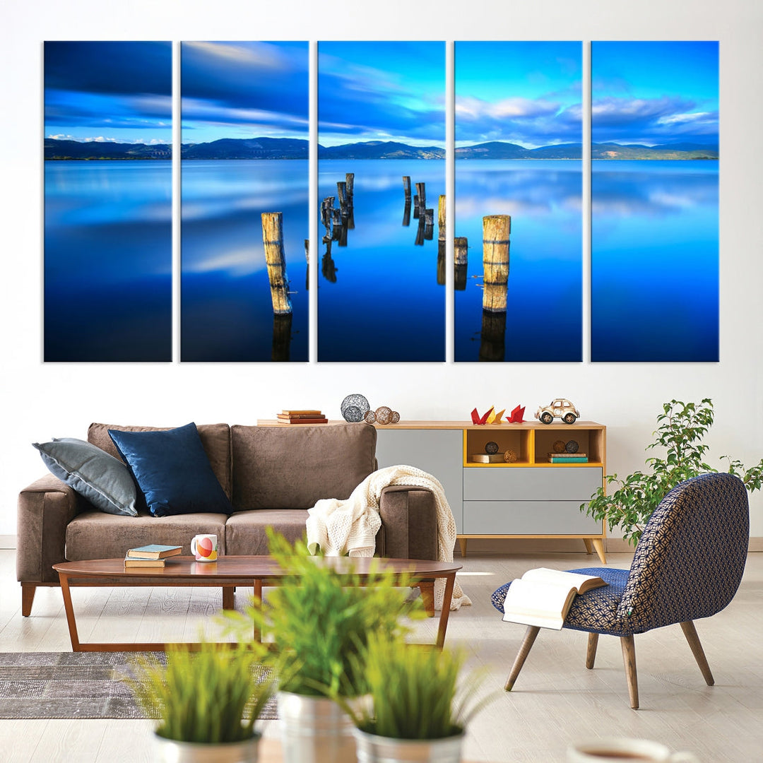 Old Wood Pier and Mountain Lake Extra Large Wall Art Canvas Print