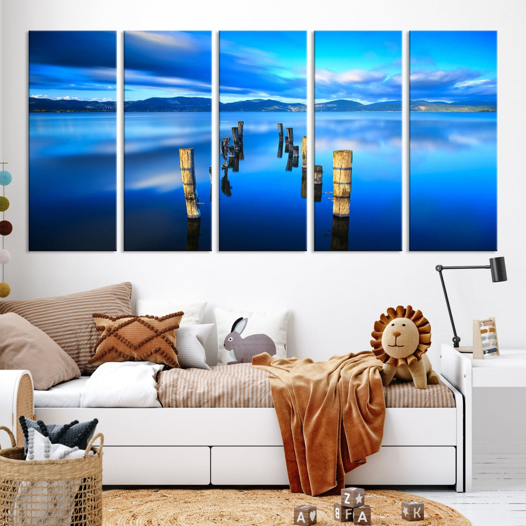 Old Wood Pier and Mountain Lake Extra Large Wall Art Canvas Print