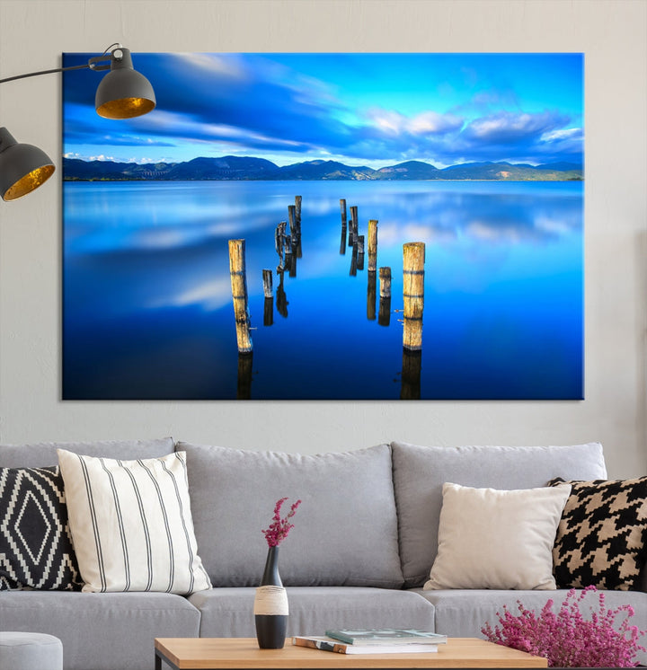 Old Wood Pier and Mountain Lake Extra Large Wall Art Canvas Print