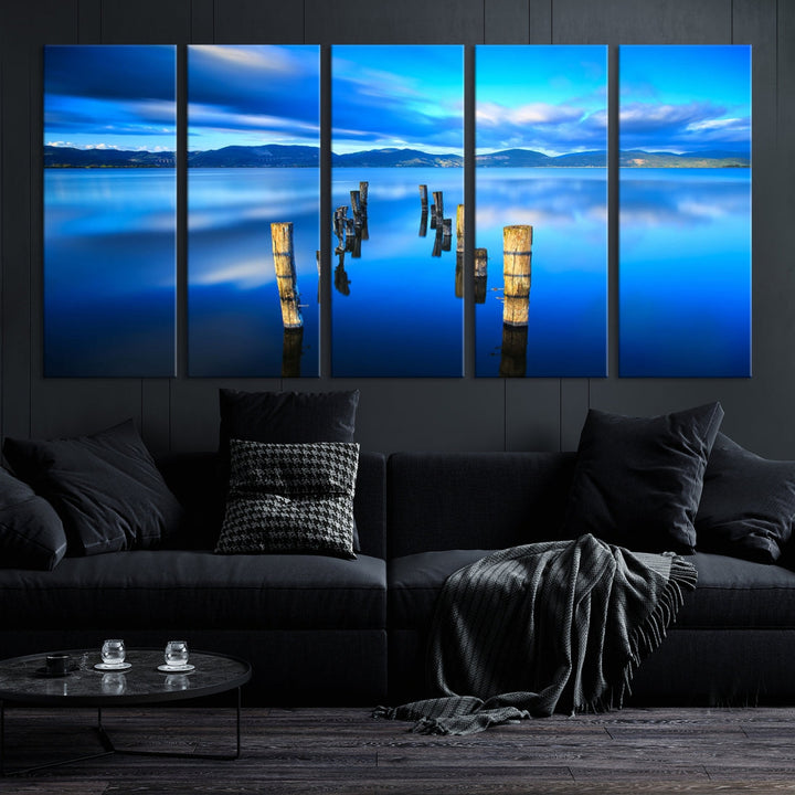 Old Wood Pier and Mountain Lake Extra Large Wall Art Canvas Print