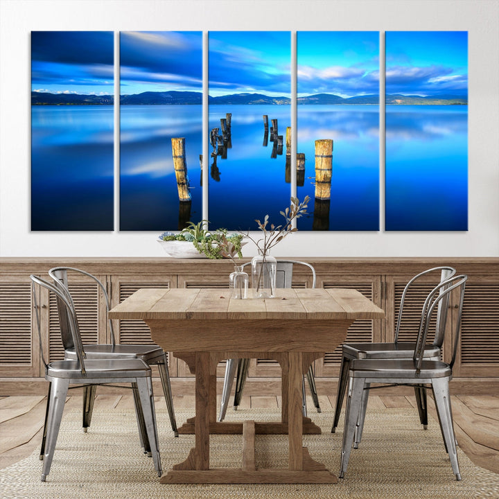 Old Wood Pier and Mountain Lake Extra Large Wall Art Canvas Print