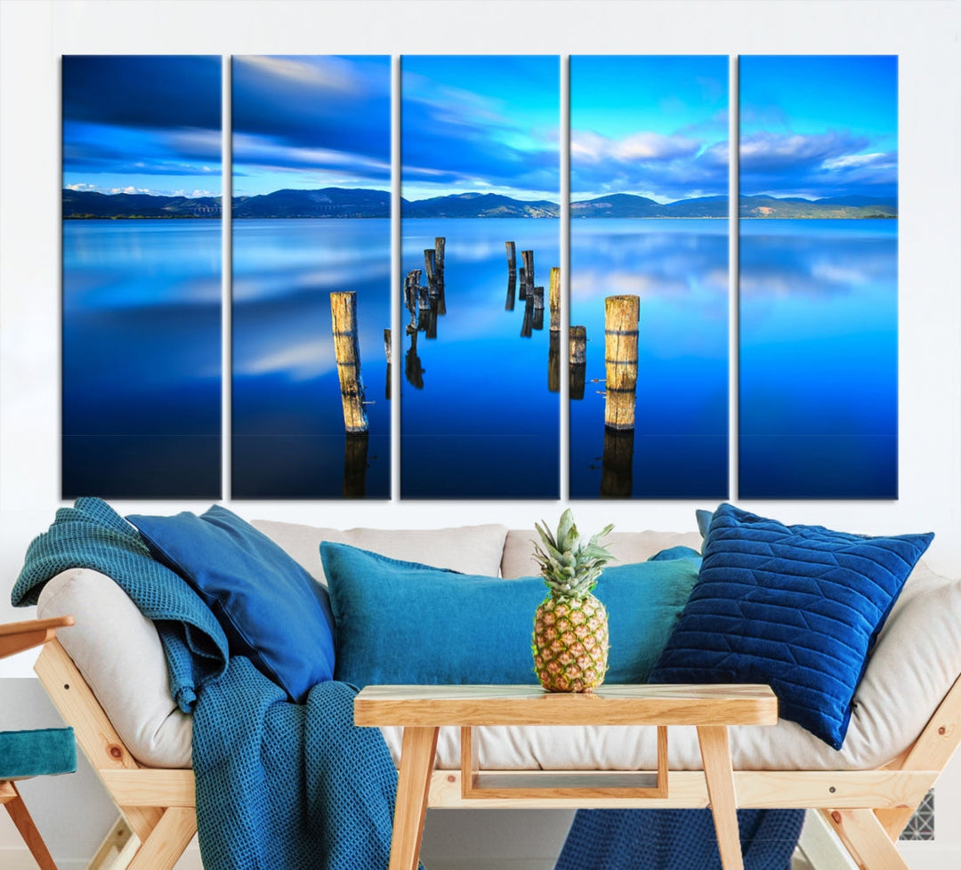 Old Wood Pier and Mountain Lake Extra Large Wall Art Canvas Print