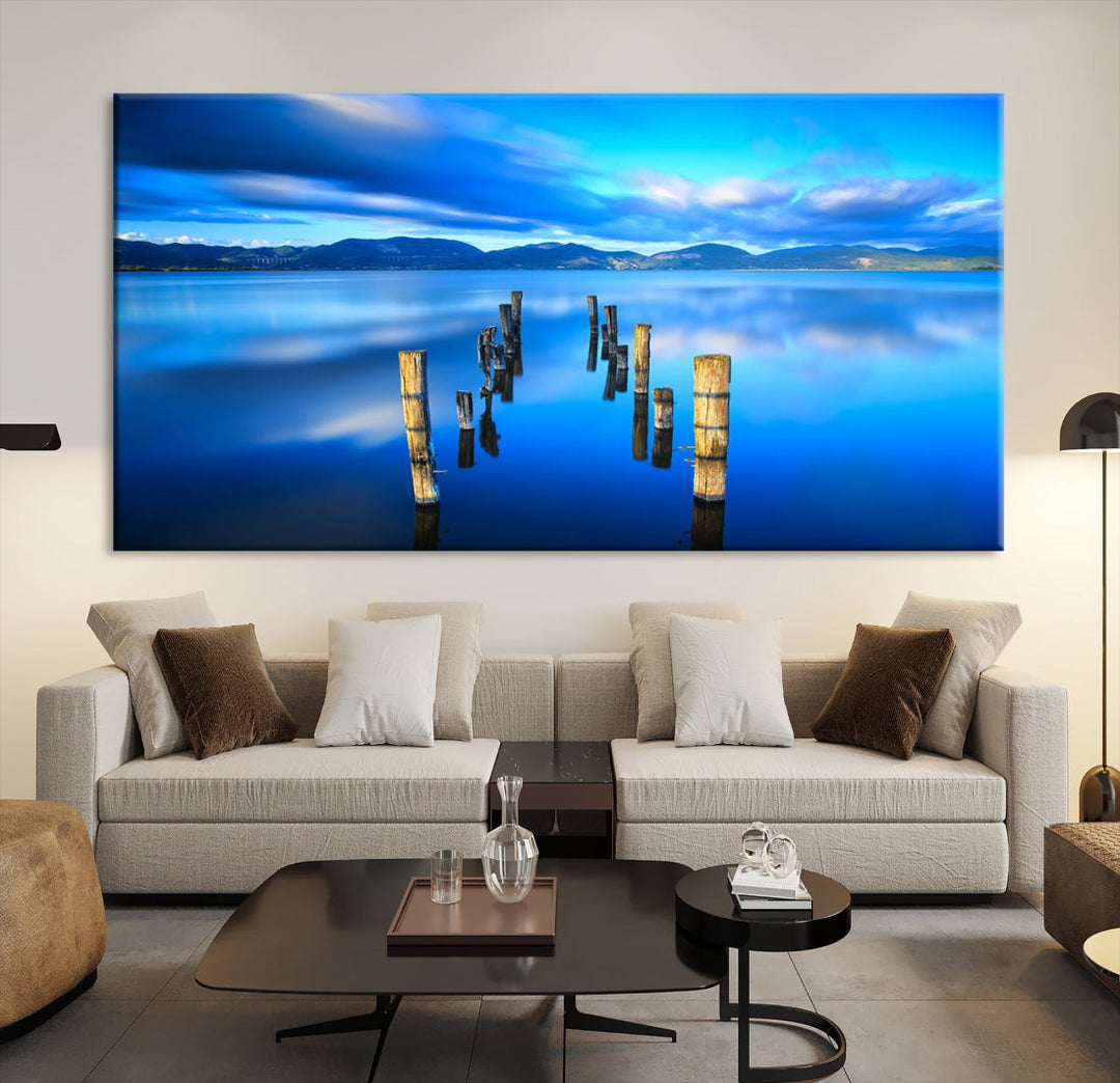 Old Wood Pier and Mountain Lake Extra Large Wall Art Canvas Print