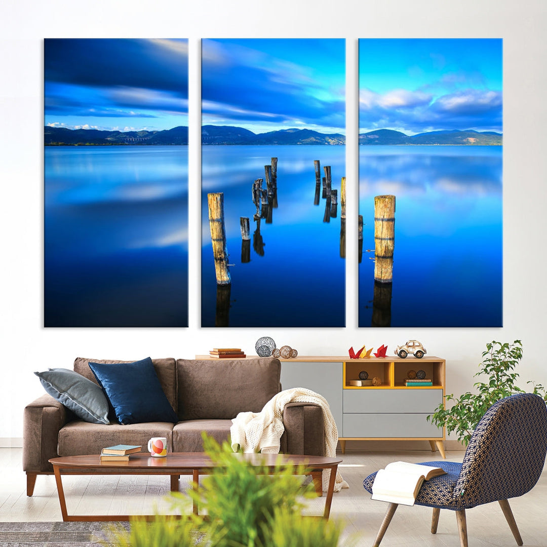 Old Wood Pier and Mountain Lake Extra Large Wall Art Canvas Print