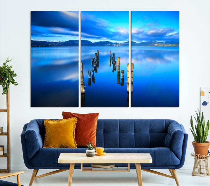 Old Wood Pier and Mountain Lake Extra Large Wall Art Canvas Print