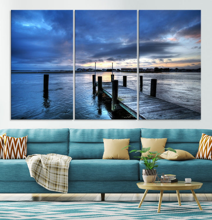 Old Wood Pier on Dark Sea Sunset Canvas Wall Art Framed Large Print