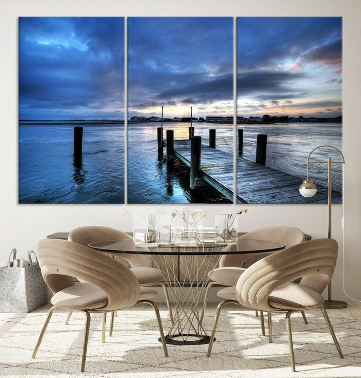 Old Wood Pier on Dark Sea Sunset Canvas Wall Art Framed Large Print