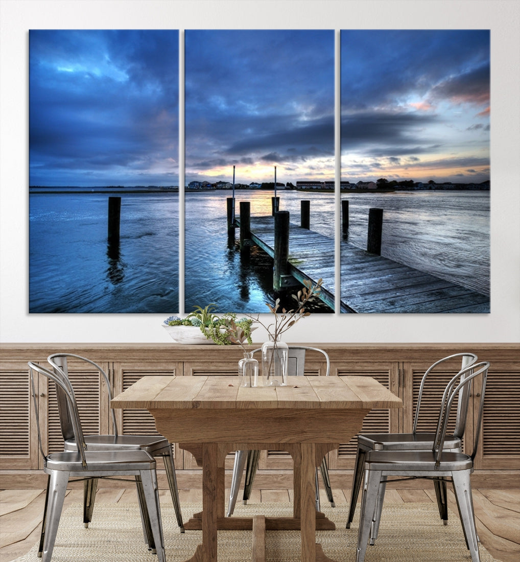 Old Wood Pier on Dark Sea Sunset Canvas Wall Art Framed Large Print