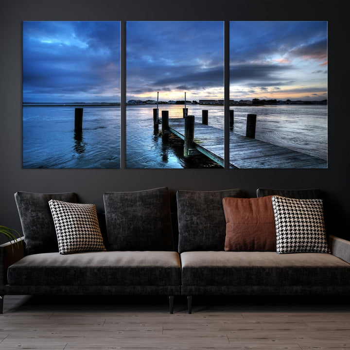 Old Wood Pier on Dark Sea Sunset Canvas Wall Art Framed Large Print