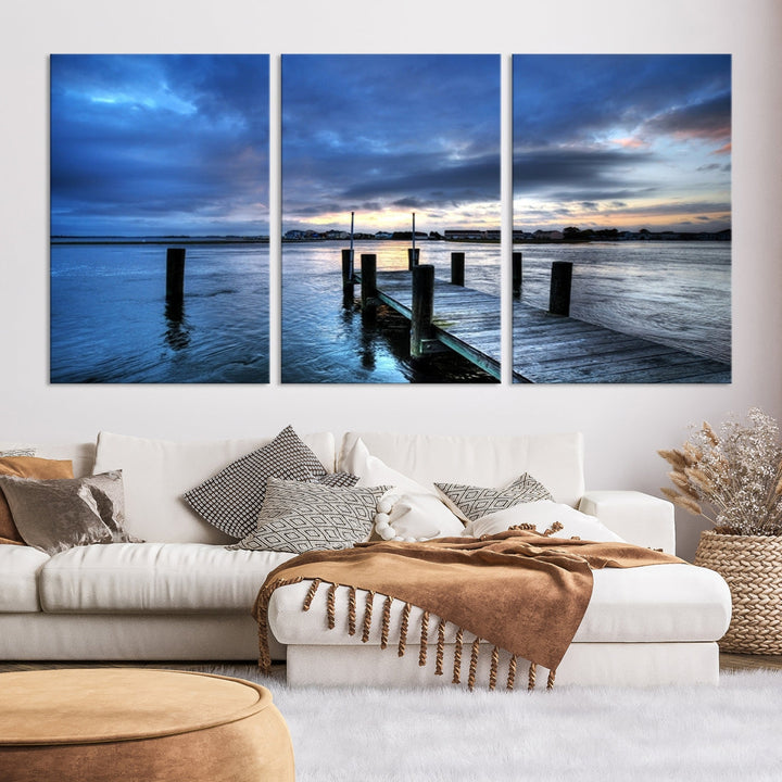 Old Wood Pier on Dark Sea Sunset Canvas Wall Art Framed Large Print