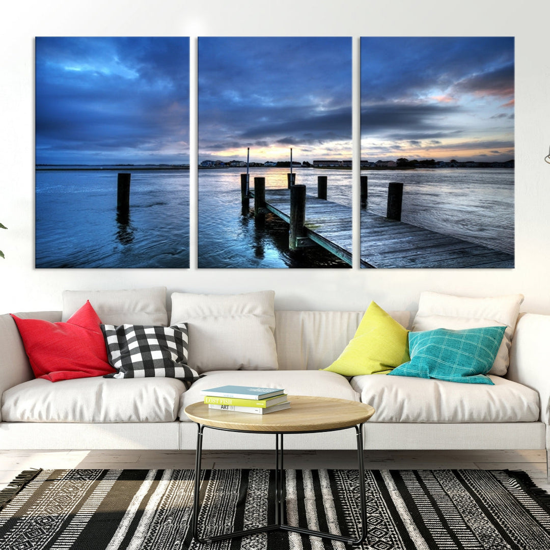 Old Wood Pier on Dark Sea Sunset Canvas Wall Art Framed Large Print