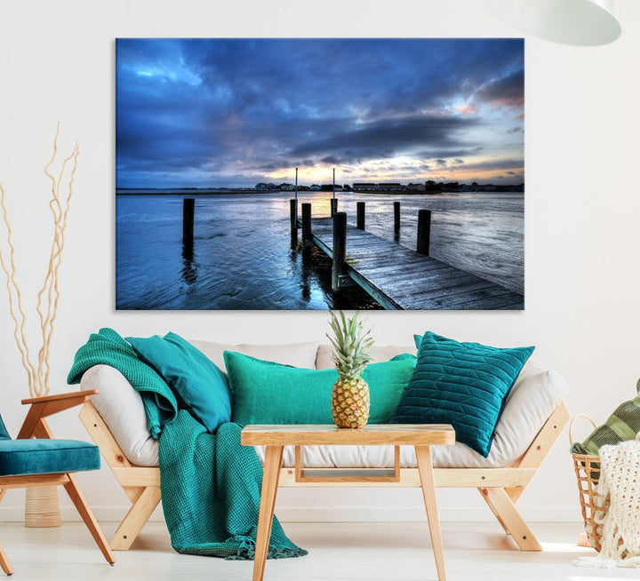 Old Wood Pier on Dark Sea Sunset Canvas Wall Art Framed Large Print