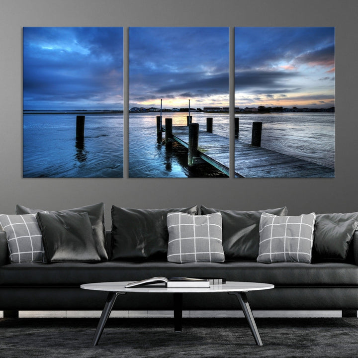 Old Wood Pier on Dark Sea Sunset Canvas Wall Art Framed Large Print