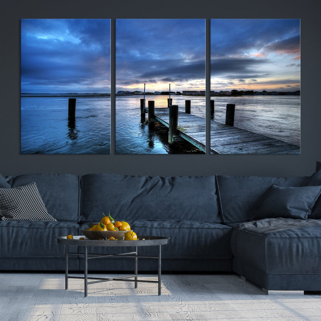 Old Wood Pier on Dark Sea Sunset Canvas Wall Art Framed Large Print