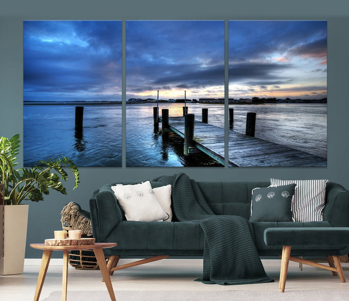 Old Wood Pier on Dark Sea Sunset Canvas Wall Art Framed Large Print