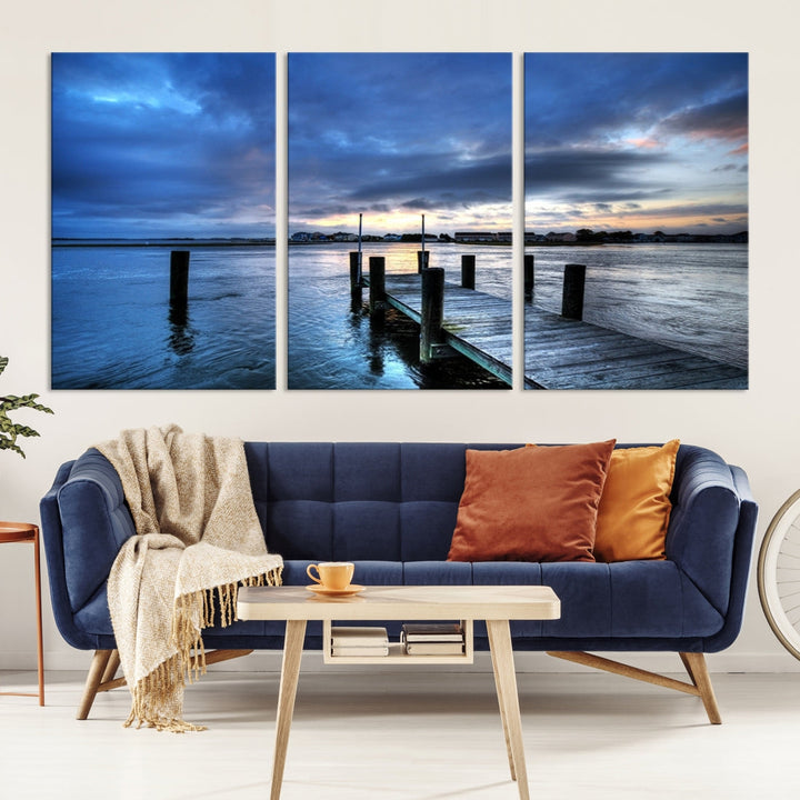 Old Wood Pier on Dark Sea Sunset Canvas Wall Art Framed Large Print