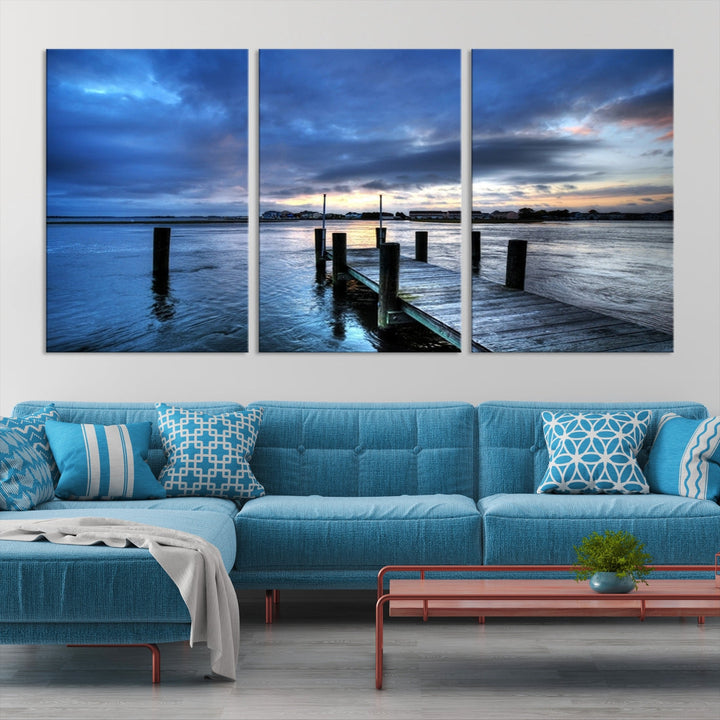 Old Wood Pier on Dark Sea Sunset Canvas Wall Art Framed Large Print