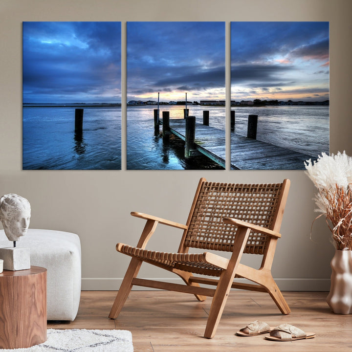 Old Wood Pier on Dark Sea Sunset Canvas Wall Art Framed Large Print