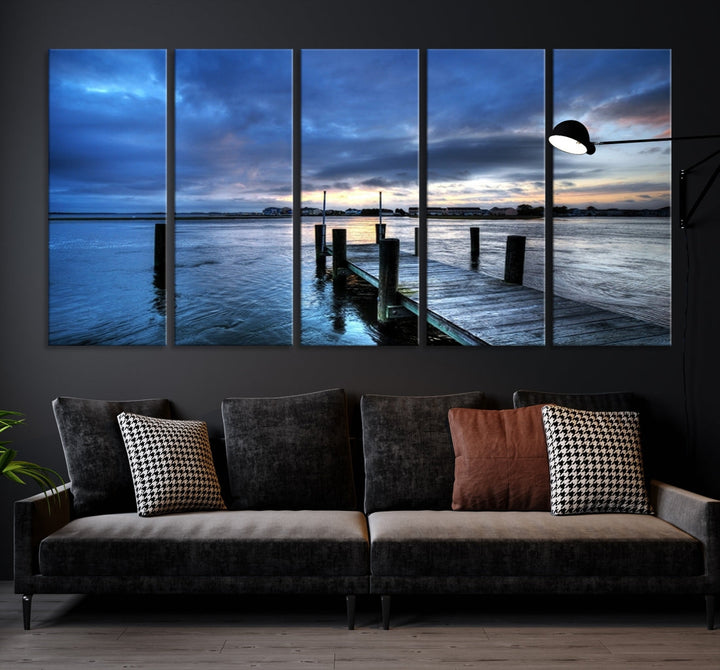 Old Wood Pier on Dark Sea Sunset Canvas Wall Art Framed Large Print