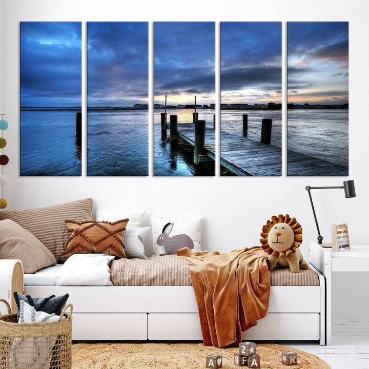 Old Wood Pier on Dark Sea Sunset Canvas Wall Art Framed Large Print