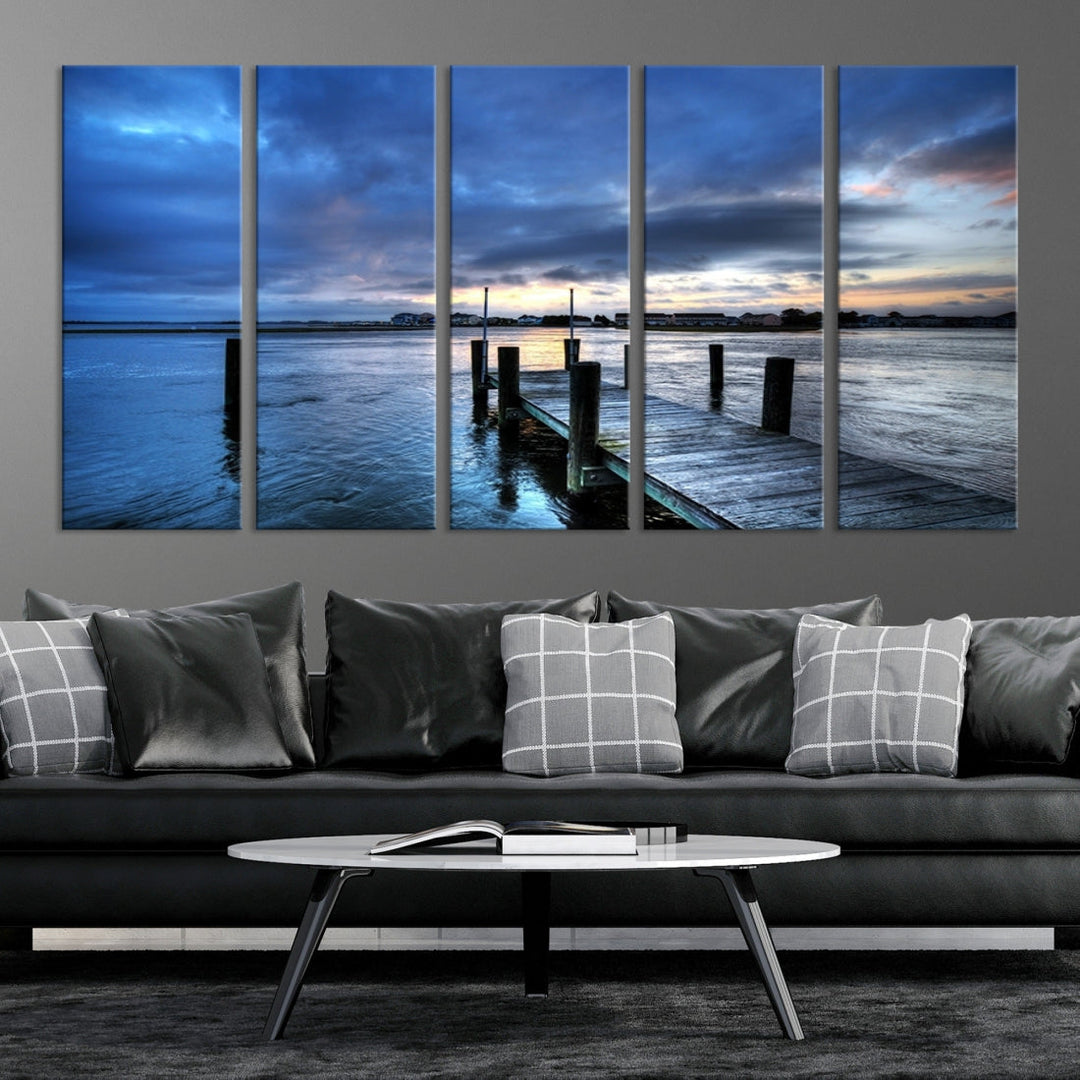 Old Wood Pier on Dark Sea Sunset Canvas Wall Art Framed Large Print