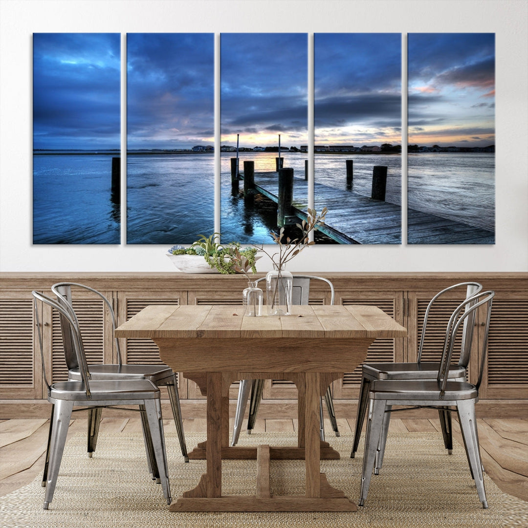 Old Wood Pier on Dark Sea Sunset Canvas Wall Art Framed Large Print